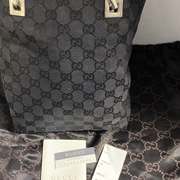 AUTHENTIC Gucci Black Monogram Canvas Tote Bucket Bag - Picture 2 of 11